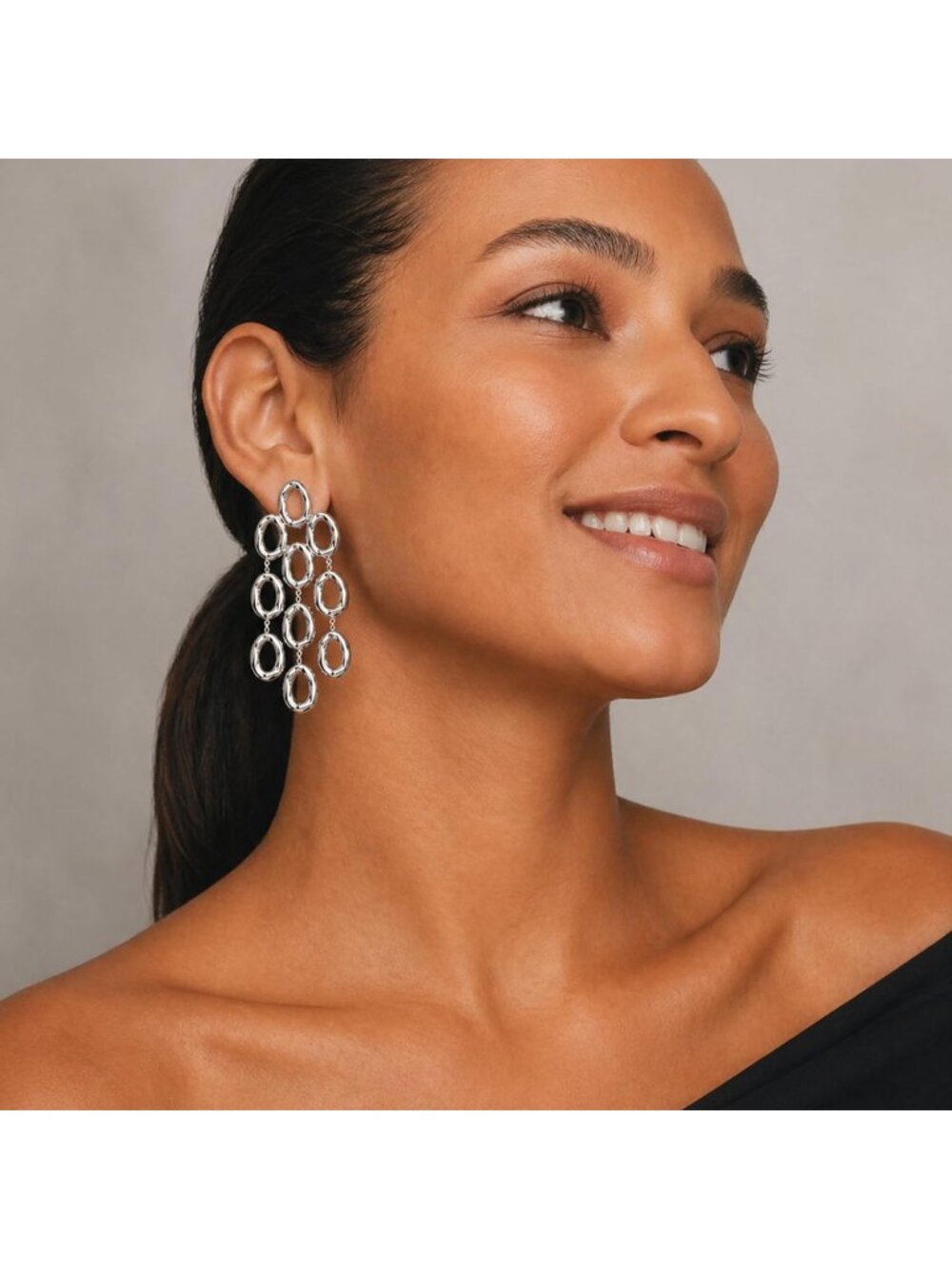 Women's Silver 18k Gold Plated Statement Hammered Chandelier Long Oval Earrings - Picture 3 of 7